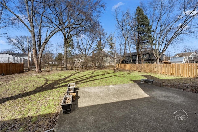 view of yard with a patio and a fenced backyard