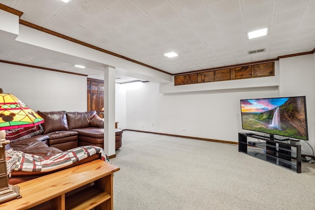 carpeted living room featuring crown molding, visible vents, and baseboards