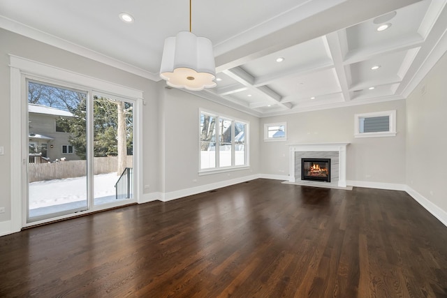 unfurnished living room featuring a premium fireplace, baseboards, coffered ceiling, and dark wood-type flooring