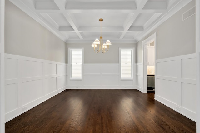 unfurnished dining area with beamed ceiling, plenty of natural light, visible vents, and a chandelier