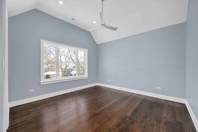 spare room with visible vents, baseboards, lofted ceiling, and ceiling fan