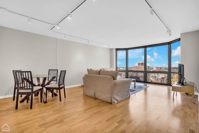 living area featuring light wood finished floors, floor to ceiling windows, rail lighting, and baseboards