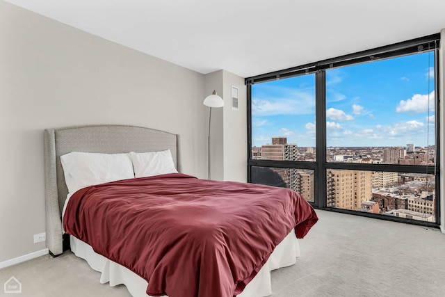 carpeted bedroom with a city view, floor to ceiling windows, and baseboards