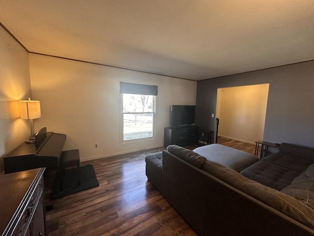 living area featuring dark wood-style floors and baseboards