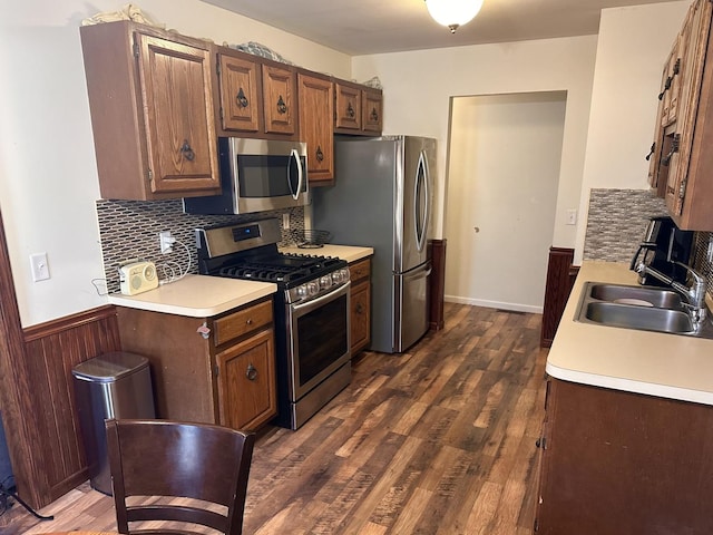 kitchen featuring a sink, dark wood-type flooring, light countertops, and stainless steel appliances