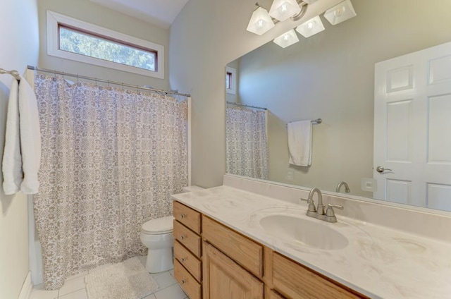 full bath with tile patterned floors, a shower with shower curtain, toilet, and vanity