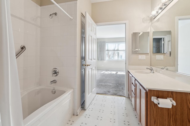 full bath with vanity,  shower combination, and tile patterned floors