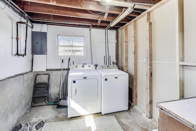 laundry room featuring electric panel and washer and clothes dryer