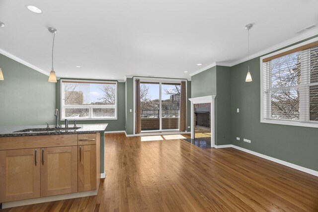 kitchen with pendant lighting, appliances with stainless steel finishes, a peninsula, wood finished floors, and a sink