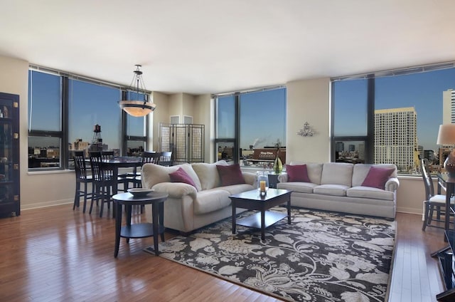 living area featuring baseboards and hardwood / wood-style floors