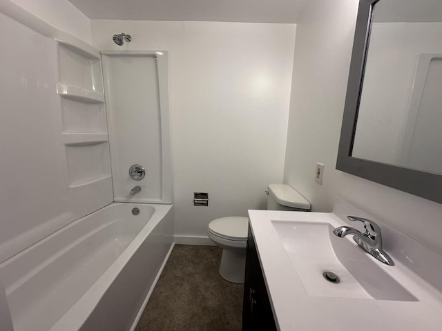 full bathroom with toilet, vanity, baseboards, and shower / bathing tub combination