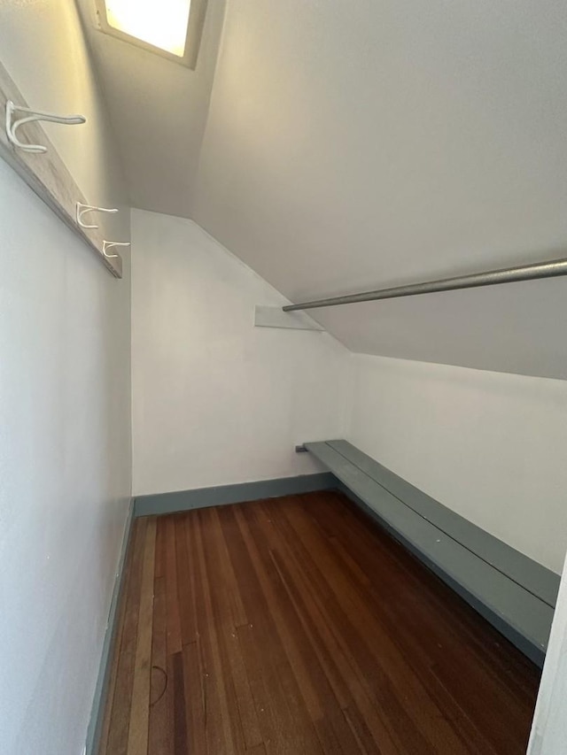 additional living space featuring dark wood finished floors, baseboards, and lofted ceiling