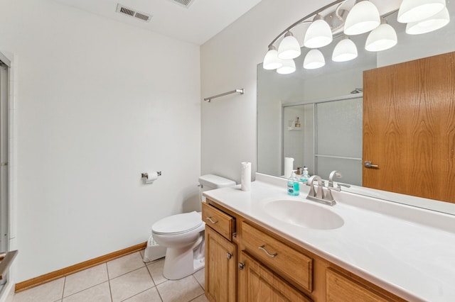 full bathroom featuring vanity, a shower with shower door, visible vents, tile patterned flooring, and toilet