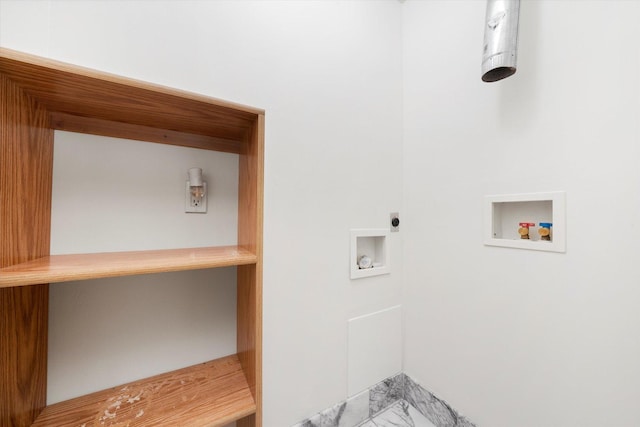 laundry room featuring laundry area, marble finish floor, hookup for an electric dryer, and washer hookup