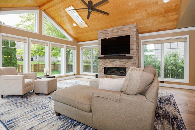 1208 Broad Creek Rd, Bloomington, IL 61704 - living area with wooden ceiling, plenty of natural light, a ceiling fan, a fireplace, and high vaulted ceiling