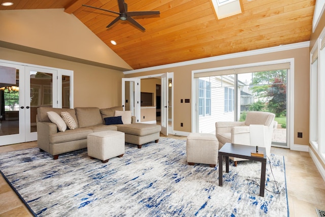 1208 Broad Creek Rd, Bloomington, IL 61704 - living room with french doors, wood ceiling, ceiling fan, recessed lighting, and high vaulted ceiling