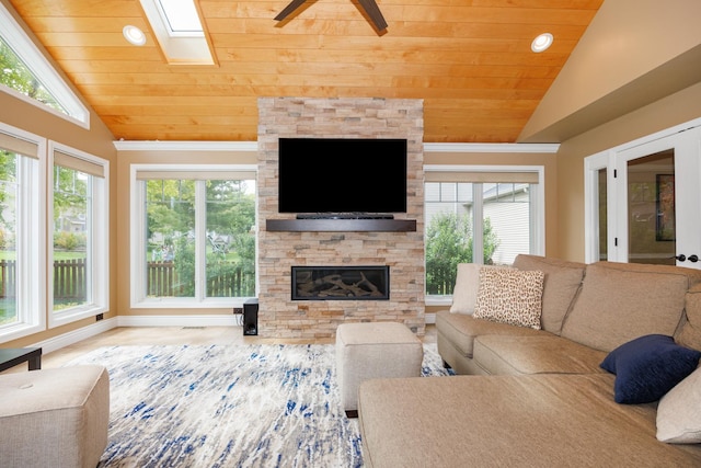 1208 Broad Creek Rd, Bloomington, IL 61704 - living room with vaulted ceiling, wood ceiling, a ceiling fan, a fireplace, and a skylight