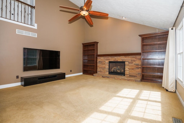 1208 Broad Creek Rd, Bloomington, IL 61704 - unfurnished living room featuring carpet floors, baseboards, a ceiling fan, and high vaulted ceiling