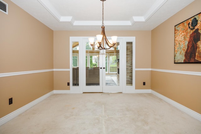 1208 Broad Creek Rd, Bloomington, IL 61704 - carpeted empty room with a raised ceiling, a chandelier, french doors, baseboards, and crown molding