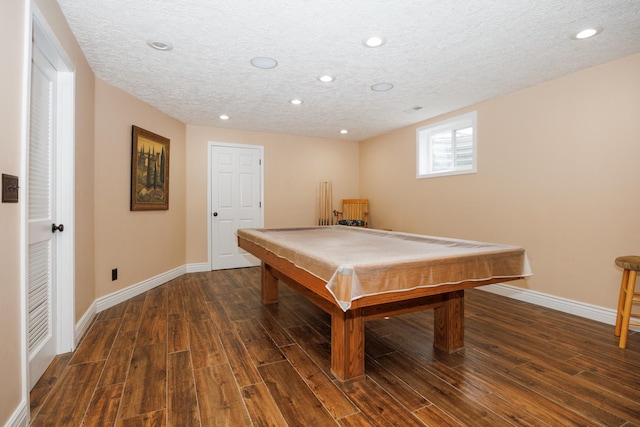 1208 Broad Creek Rd, Bloomington, IL 61704 - rec room featuring baseboards, a textured ceiling, dark wood-style floors, billiards table, and recessed lighting