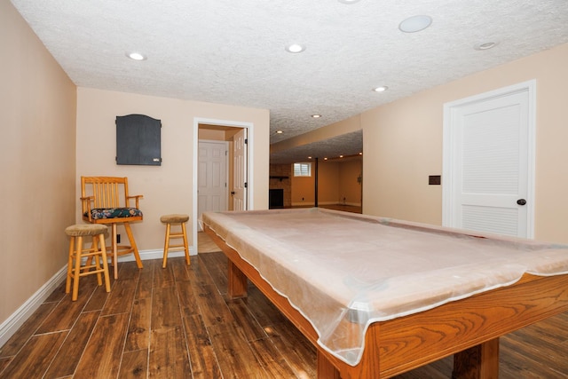 1208 Broad Creek Rd, Bloomington, IL 61704 - rec room with dark wood-style flooring, baseboards, recessed lighting, a textured ceiling, and pool table