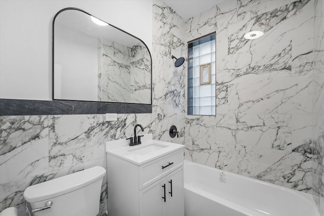 full bath with shower / bathtub combination, toilet, tile walls, and vanity