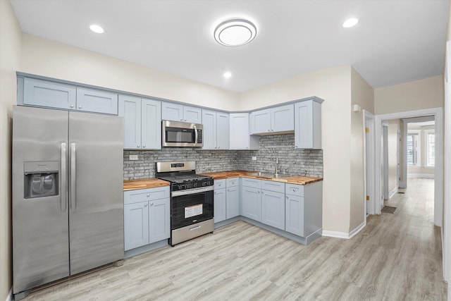 kitchen featuring a sink, wood counters, appliances with stainless steel finishes, light wood finished floors, and decorative backsplash