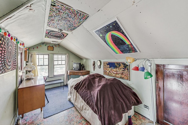 carpeted bedroom featuring vaulted ceiling and baseboard heating