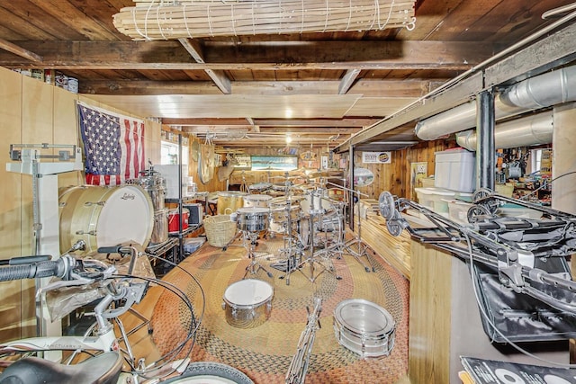 interior space with wooden ceiling and wooden walls