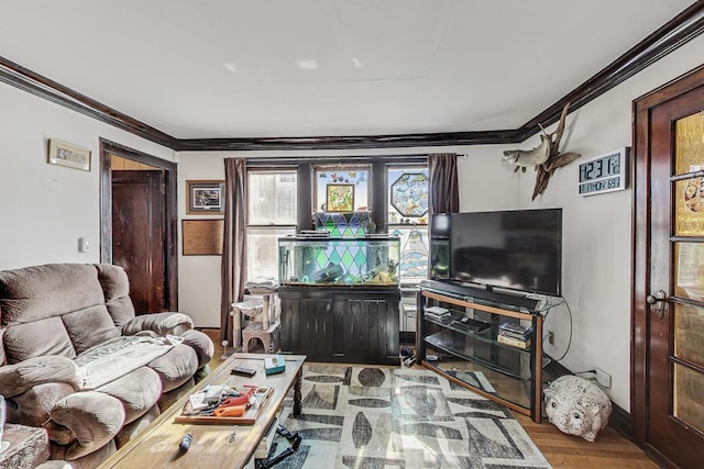 living room featuring crown molding and wood finished floors