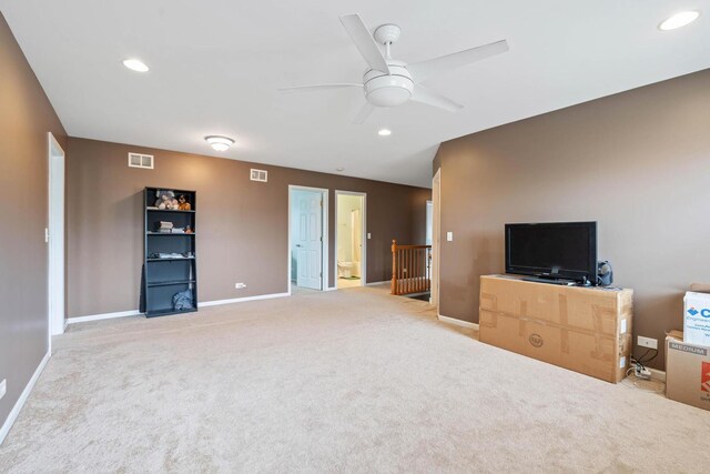 2668 Bull Run Dr, Aurora, IL 60503 - unfurnished living room featuring recessed lighting, light carpet, ceiling fan, baseboards, and visible vents