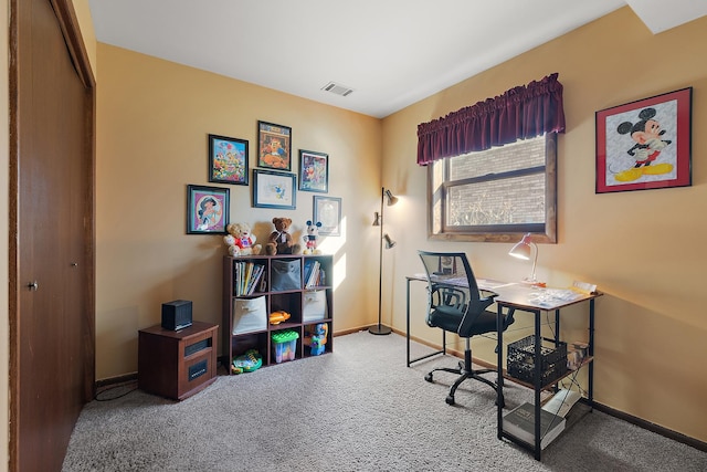 home office featuring visible vents, baseboards, and carpet floors