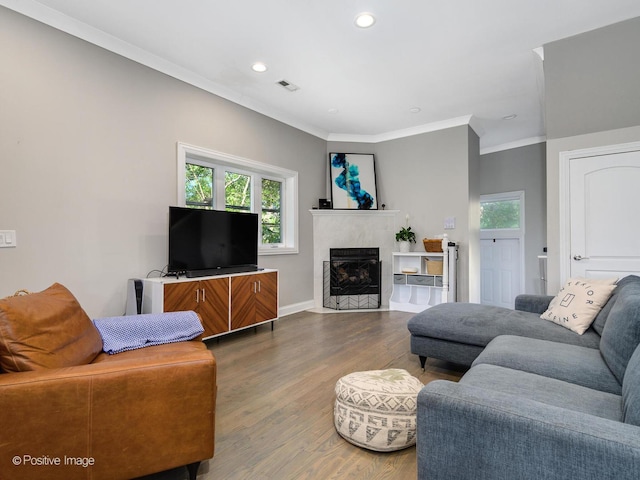 living room with a wealth of natural light, a fireplace, crown molding, and wood finished floors