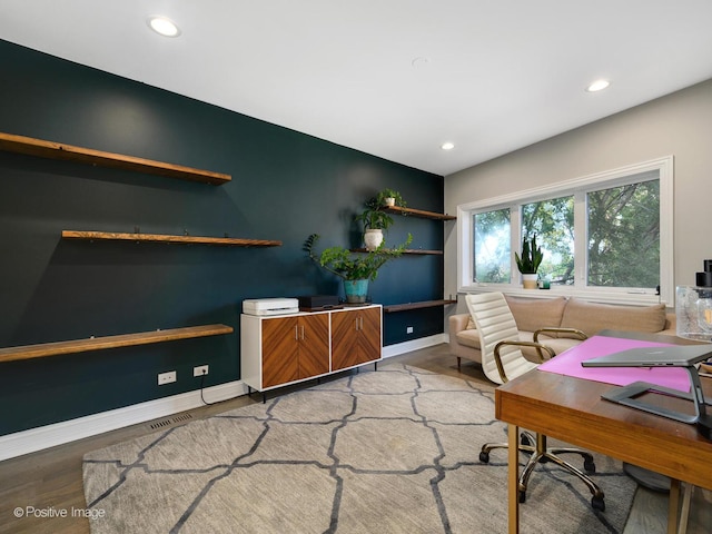 office area featuring recessed lighting, baseboards, and wood finished floors