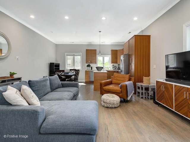 living area with crown molding, recessed lighting, and wood finished floors