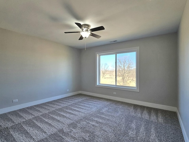 spare room with visible vents, ceiling fan, baseboards, and carpet floors