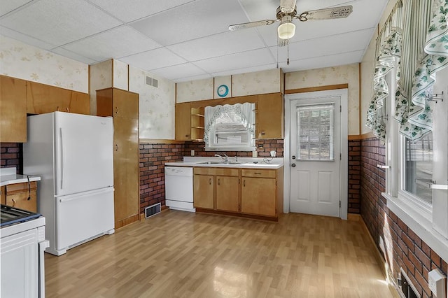 kitchen with a wainscoted wall, light wood-style flooring, and white appliances