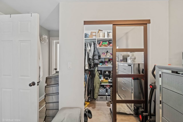 bedroom featuring wood finished floors and a closet