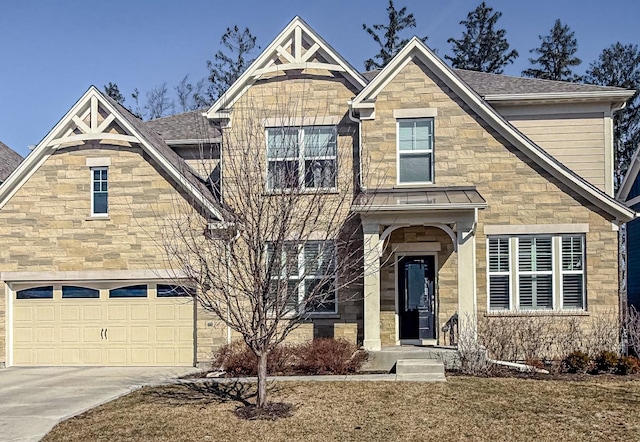 view of front of house with stone siding, roof with shingles, concrete driveway, and an attached garage