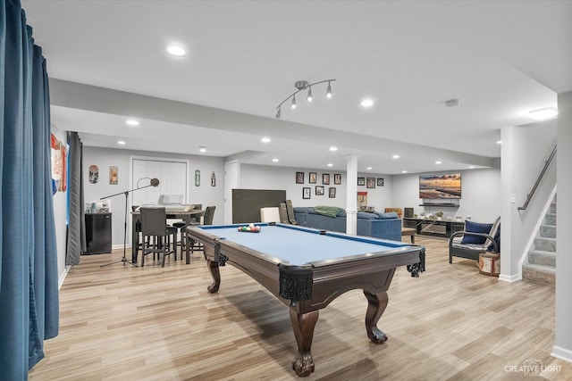 game room with recessed lighting, baseboards, light wood-style flooring, and pool table