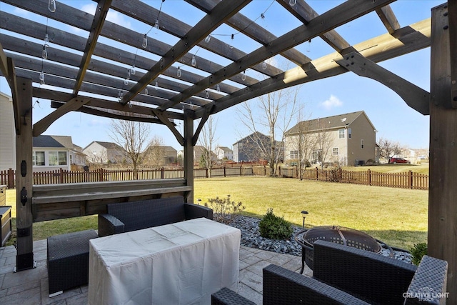 view of patio featuring a fenced backyard, a pergola, and a residential view