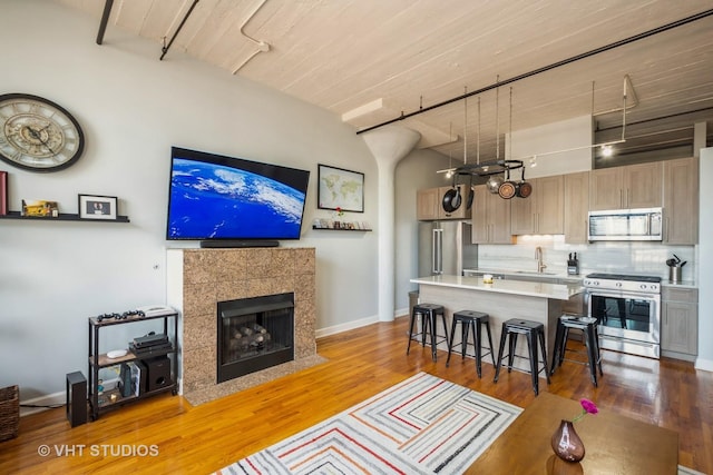 living area with a fireplace, rail lighting, baseboards, and wood finished floors