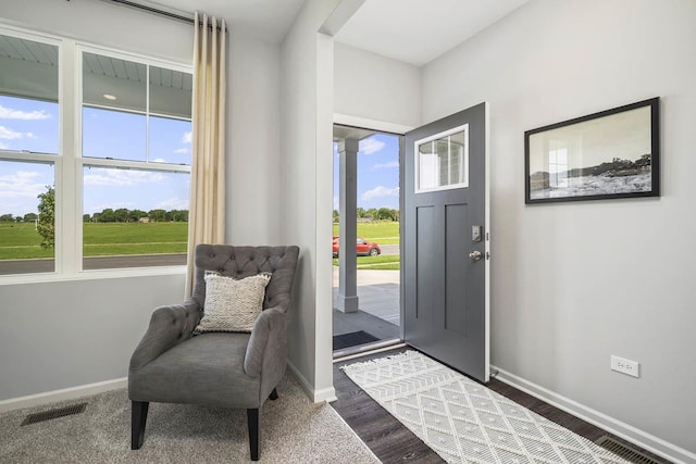 entryway featuring visible vents, baseboards, and wood finished floors