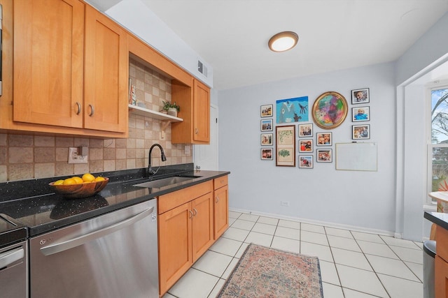 kitchen featuring tasteful backsplash, visible vents, open shelves, stainless steel dishwasher, and a sink