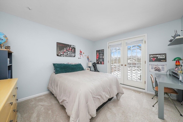 bedroom with access to outside, light colored carpet, baseboards, and french doors