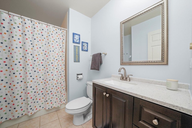 full bath with a shower with shower curtain, toilet, vanity, and tile patterned flooring