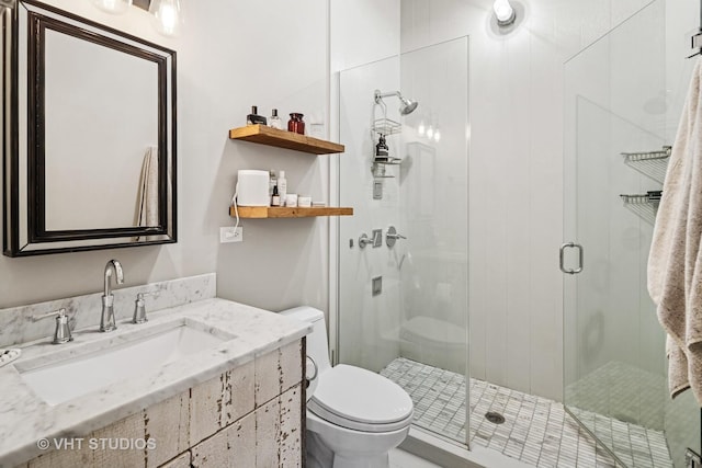 bathroom featuring vanity, a shower stall, and toilet