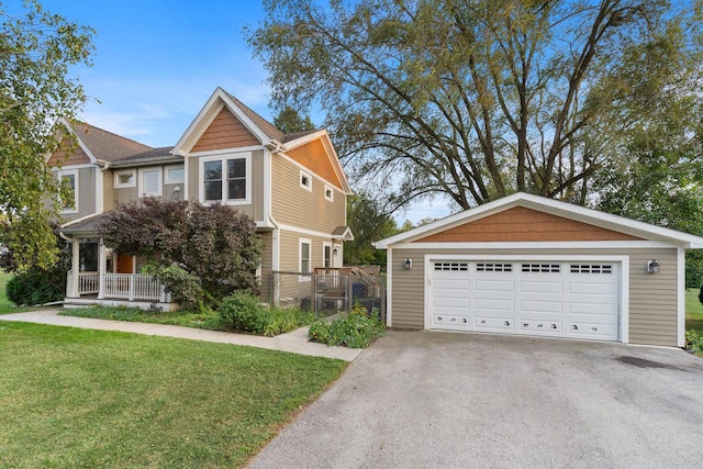 view of front of house with an outbuilding, a porch, a front yard, and a garage