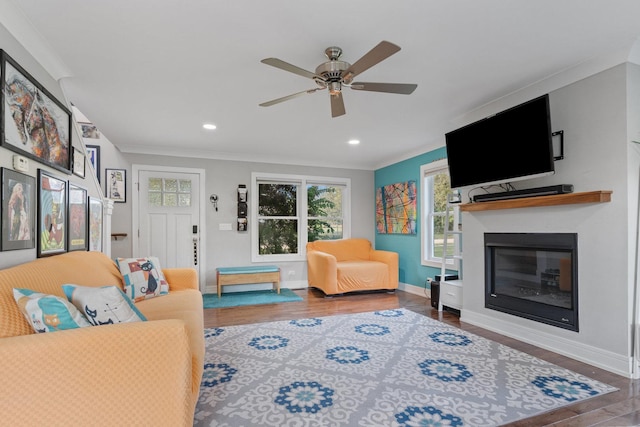 living room with a glass covered fireplace, crown molding, wood finished floors, and baseboards