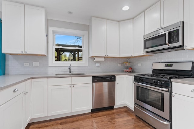 kitchen featuring light wood-style flooring, appliances with stainless steel finishes, light countertops, and a sink